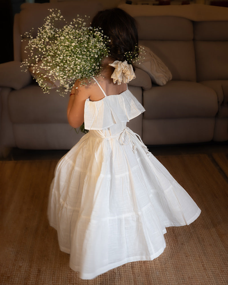 Fool's paradise' tiered maxi dress in white handwoven cotton