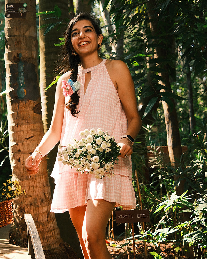 Sway mul halter dress in blush pink rhombus
