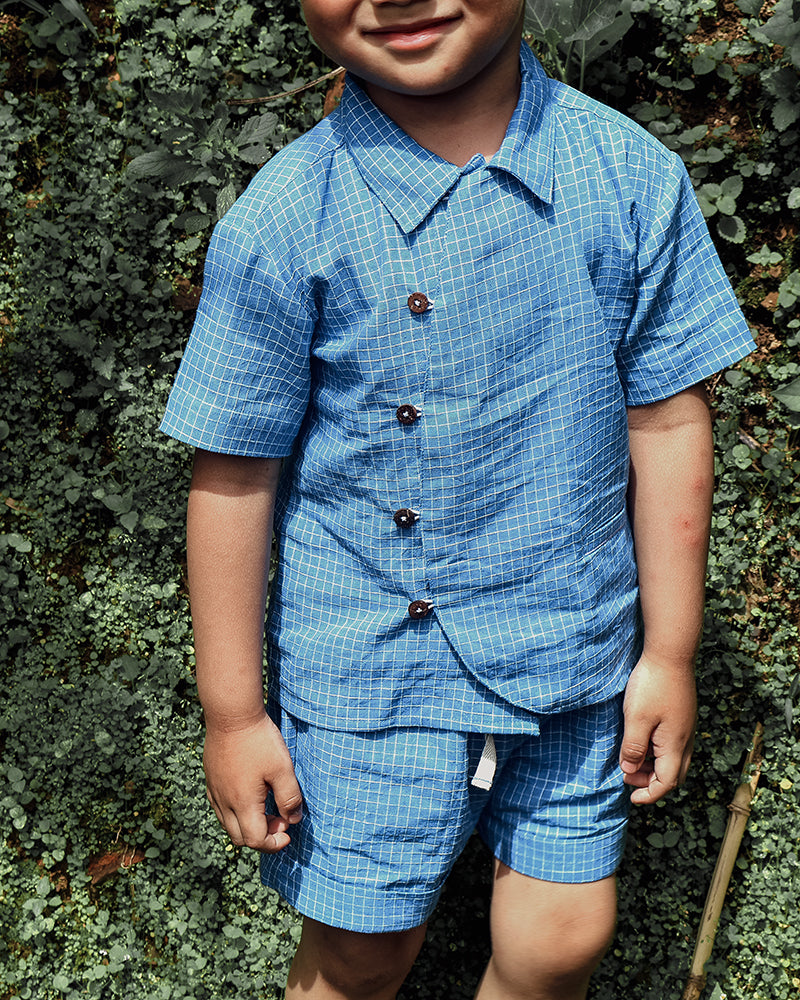 Blue meadow curved placket checkered shirt