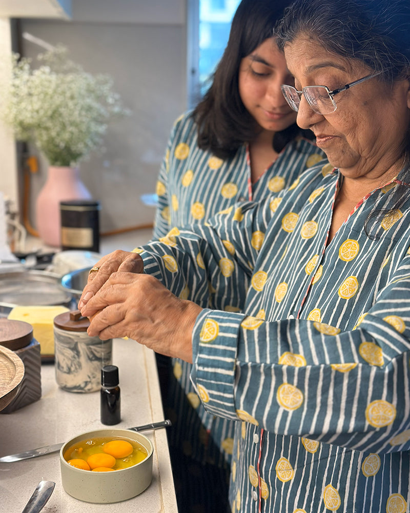 Unisex adults cotton striped shirt and pajama hand block printed with pockets and natural shell buttons. Pajama has elastication & drawstring at waist for ease of wear. Kimono style shirt & pajama set.