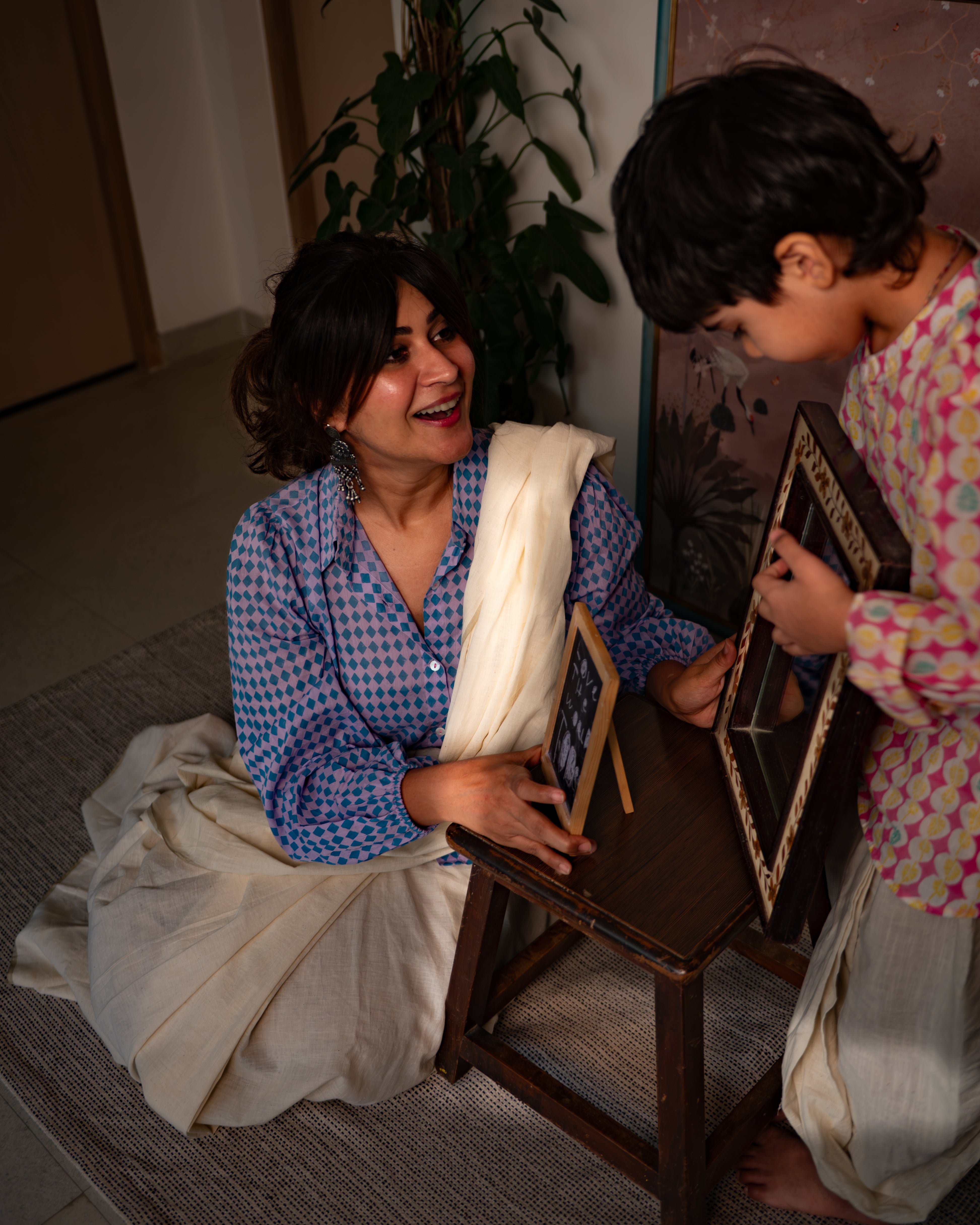 Geometric Rhombus hand block printed shirt for women with shell buttons and balloon sleeves.