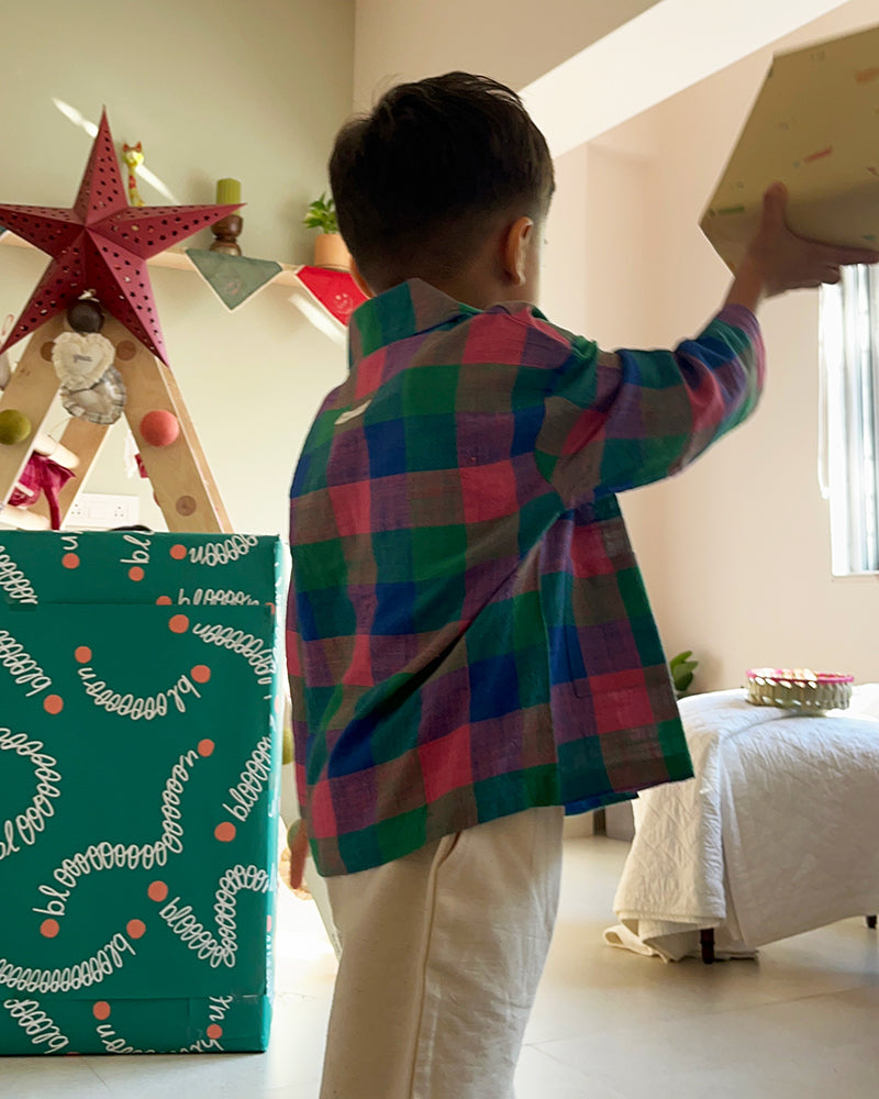 Multi color handwoven cotton checks baggy shirt with Cuban collar for boys.