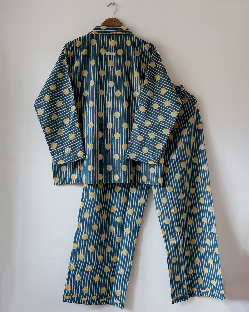Unisex adult cotton striped shirt and pajama hand block printed with pockets and natural shell buttons. Pajama has elastication & drawstring at waist for ease of wear. Kimono style shirt & pajama set.