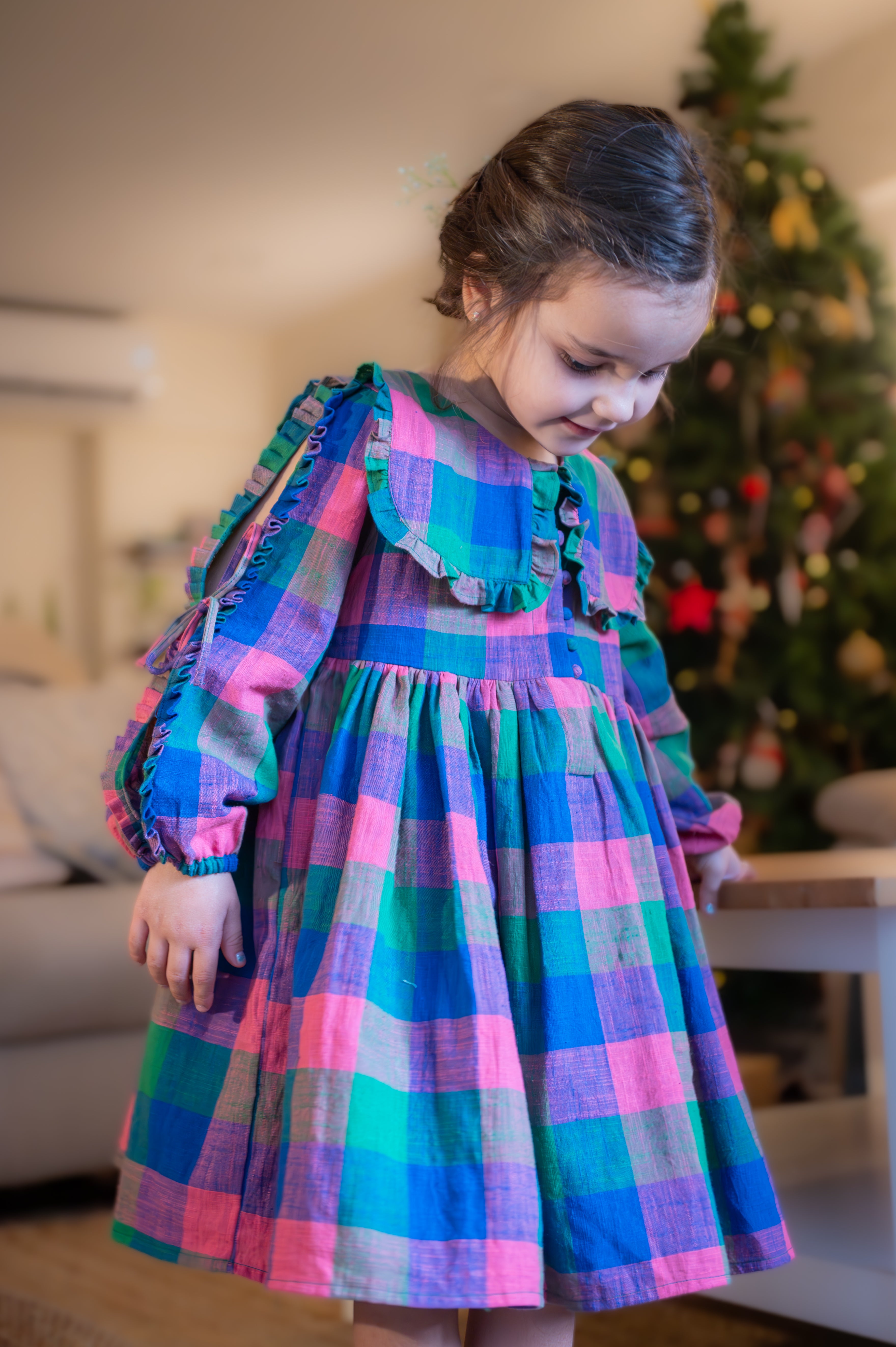 ‘Spring up’ peter pan collar dress in handwoven cotton checks