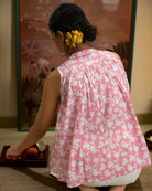 Baby Pink Floral hand block print cotton top with natural shell buttons