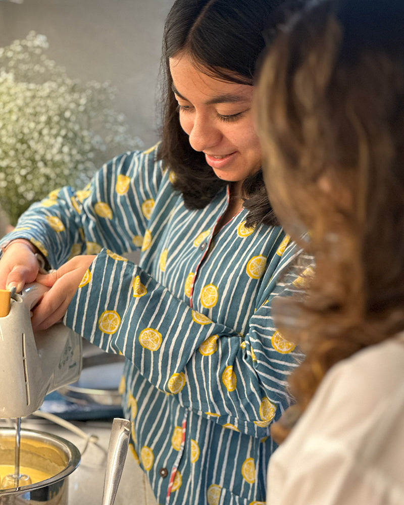 Unisex cotton striped shirt and pajama hand block printed with pockets and natural shell buttons. Pajama has elastication & drawstring at waist for ease of wear. Kimono style shirt & pajama set.