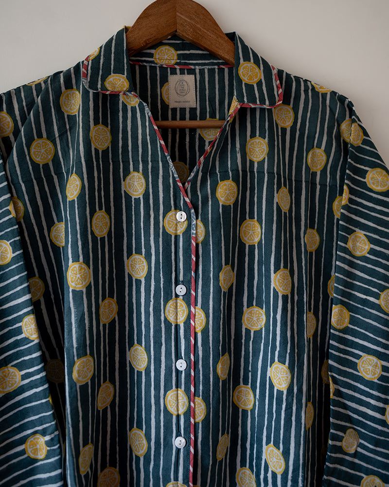Unisex adult cotton striped shirt and pajama hand block printed with pockets and natural shell buttons. Pajama has elastication & drawstring at waist for ease of wear. Kimono style shirt & pajama set.