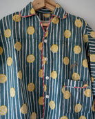 Unisex cotton striped shirt and pajama hand block printed with pockets and natural shell buttons. Kimono style shirt & pajama set.