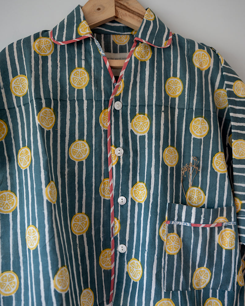 Unisex cotton striped shirt and pajama hand block printed with pockets and natural shell buttons. Kimono style shirt & pajama set.