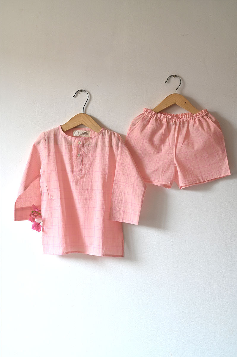 'Sleepover Party’ Kurta and Shorts Coord Set in Pink Checks