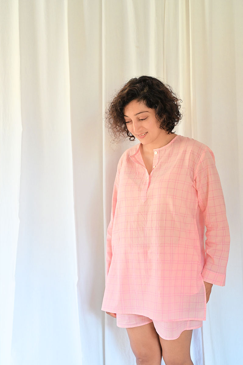 'Sleepover Party’ Kurta and Shorts Coord Set in Pink Checks - Grown up version