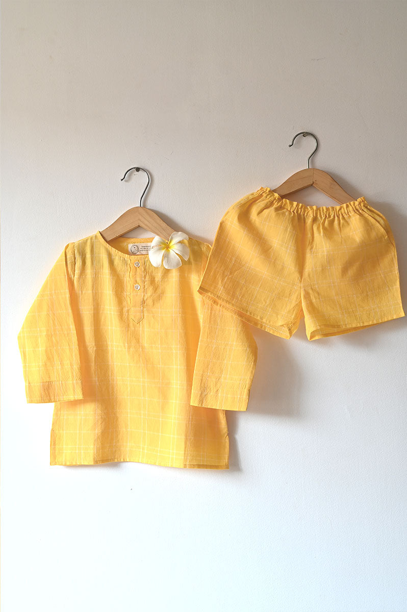‘Sleepover Party’ Kurta and Shorts Coord Set in Yellow Checks