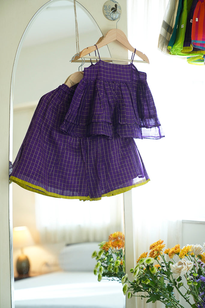 Girls lehenga choli set in purple checks with lime green selvedge 