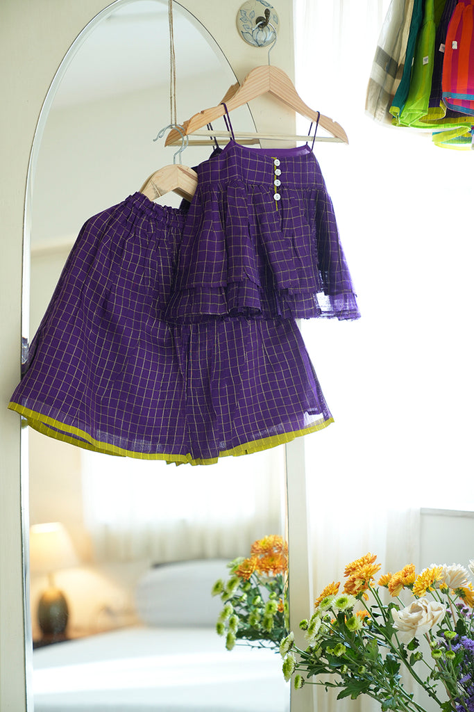 Girls lehenga choli set in purple checks with lime green selvedge 