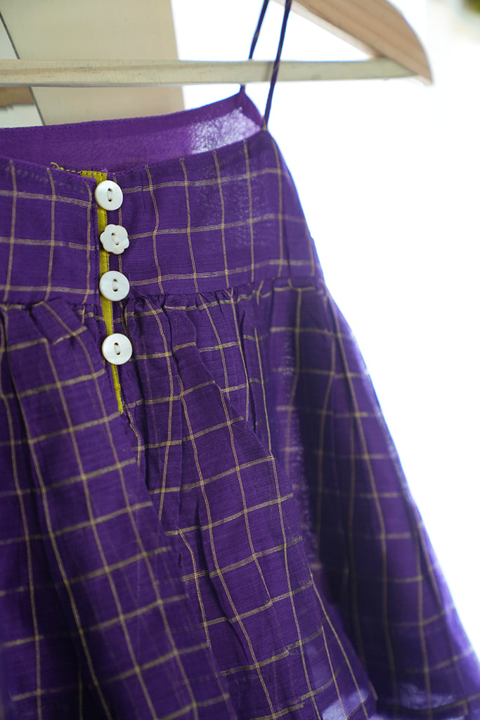 girls top in purple checks with pearl button detailing