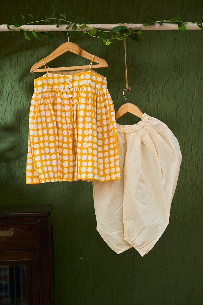 girls-salwar-kurta-coord-set-in-yellow-polka-hand-block-print-and-cotton-dhoti-pant-shell-button-details
