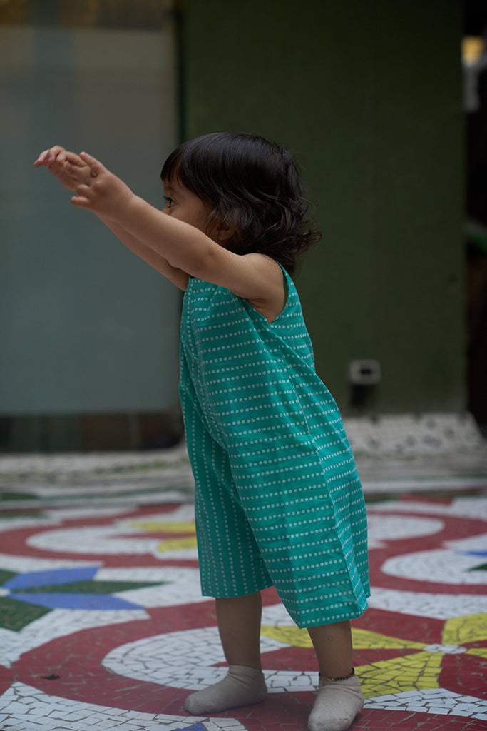 cute-baby-in-Kids-handblock-print-jumpsuit-blue-polka-unisex-romper-made-with-handblock-printed-fabric-from-Jaipur-in-softest-cotton-for-babies