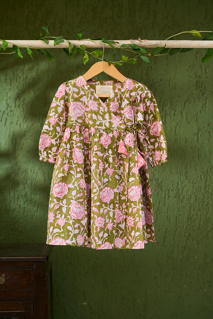 classic-Kimono-girls-wrap-dress-in-green-floral-hand-block-print-cotton