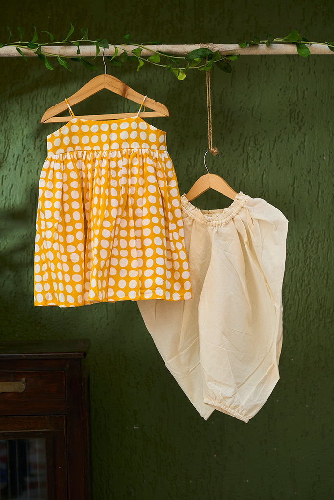 girls-salwar-kurta-coord-set-in-yellow-polka-hand-block-print-and-cotton-dhoti-pant