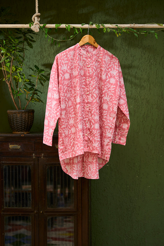 womens-high-low-chinese-collar-casual-shirt-in-pink-floral-hand-block-print-cotton