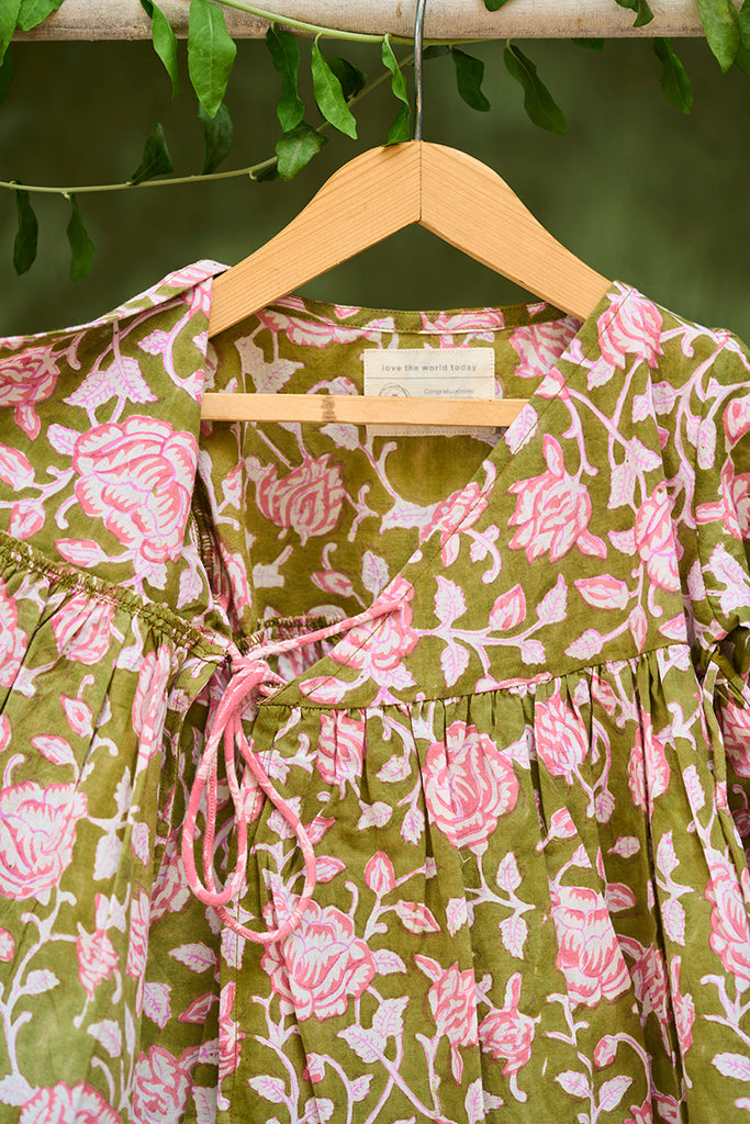 classic-Kimono-girls-wrap-dress-in-green-floral-hand-block-print-cotton